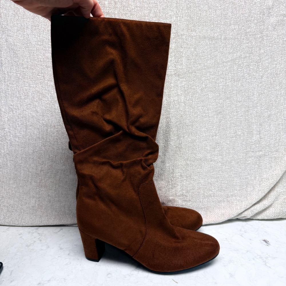 Lifestride Maltese Brown Faux Suede Slouchy Block Heel Tall Boots Womens 8M